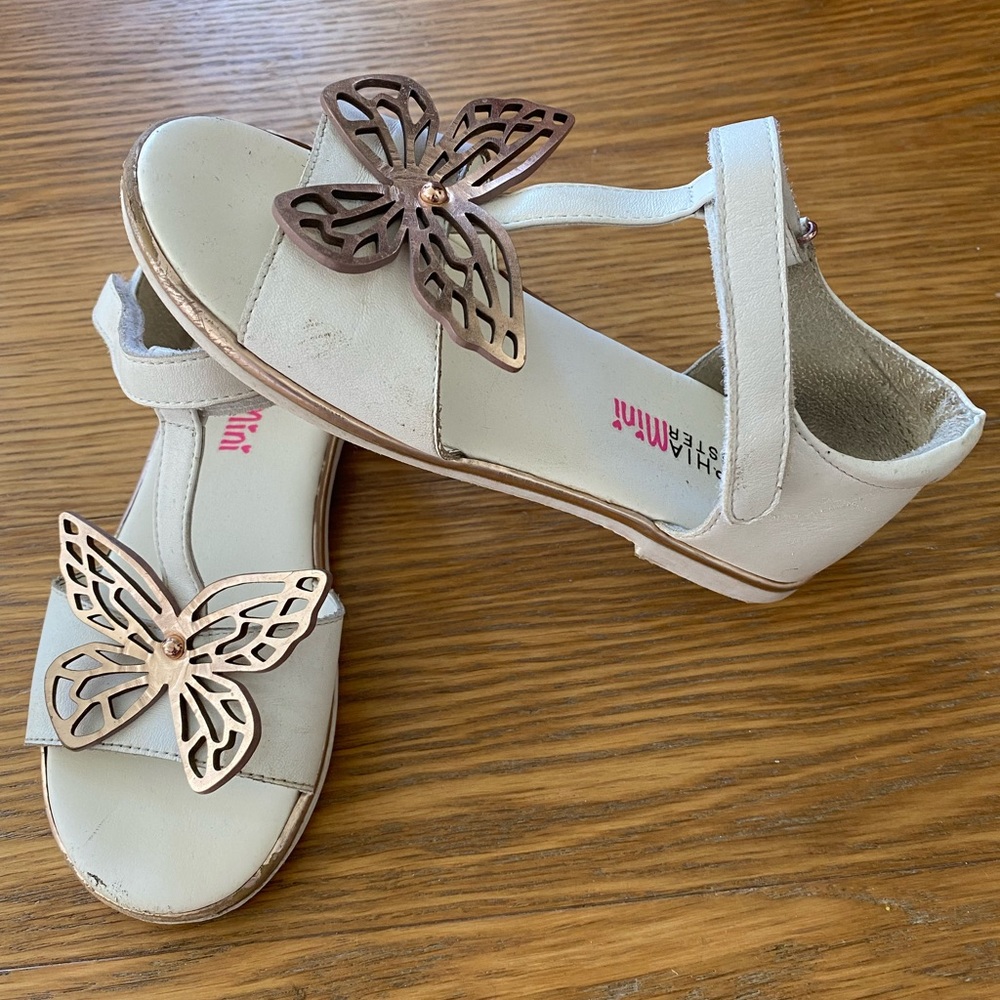 Sophia Webster Little Girls White Sandals with Rose Gold Butterfly